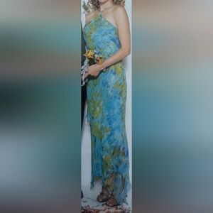 Blue and Green Abstract Patterned Dress